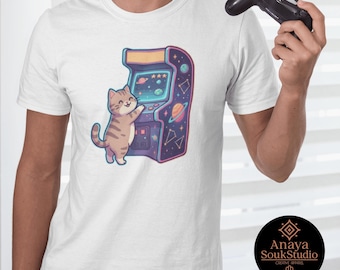 Retro Arcade Cat Gamer T-Shirt, Vintage Video Game Tee, Comfort Colors 1717