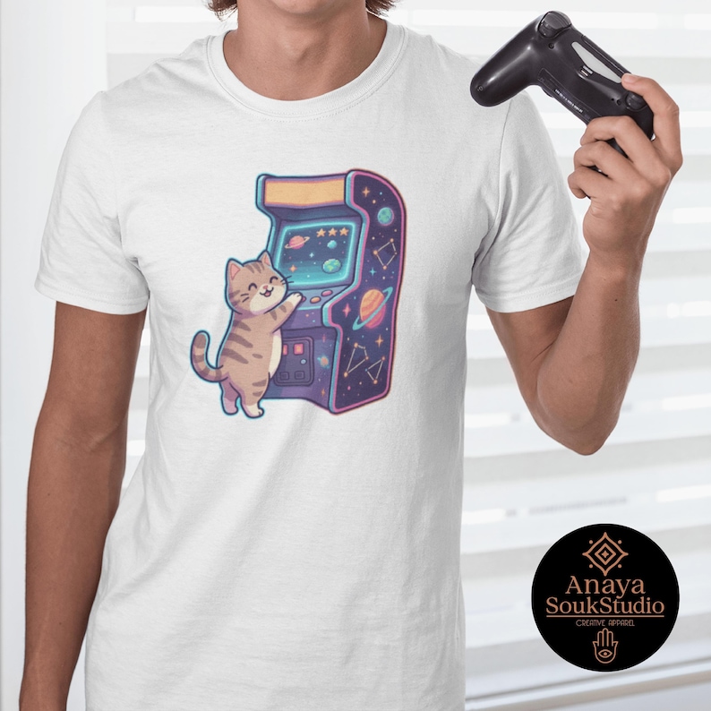 Retro Arcade Cat Gamer T-Shirt, Vintage Video Game Tee, Comfort Colors 1717 image 1