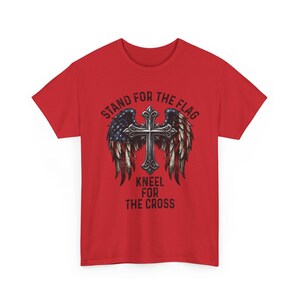 Patriotic Christian Shirt, Stand For The Flag Kneel For The Cross, American Flag Cross Wings, Faith Freedom USA Tee image 10