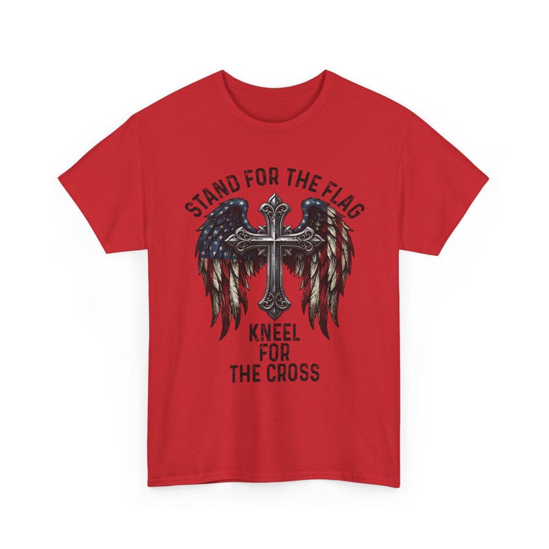Patriotic Christian Shirt, Stand For The Flag Kneel For The Cross, American Flag Cross Wings, Faith Freedom USA Tee image 10