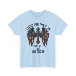 Patriotic Christian Shirt, Stand For The Flag Kneel For The Cross, American Flag Cross Wings, Faith Freedom USA Tee image 9