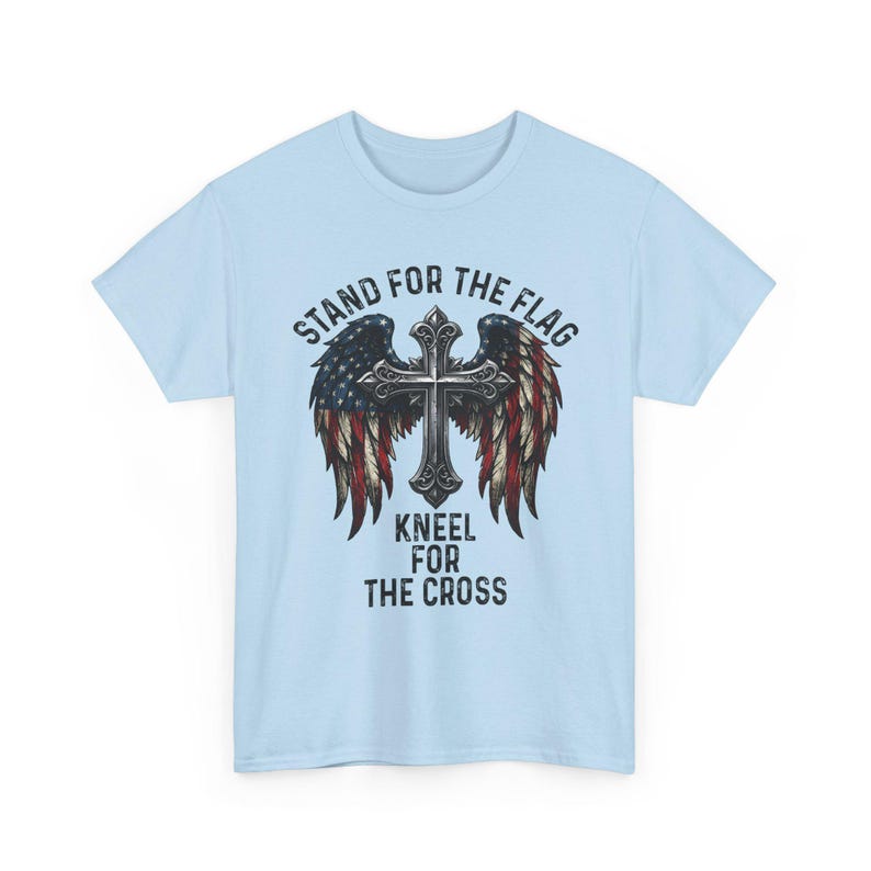Patriotic Christian Shirt, Stand For The Flag Kneel For The Cross, American Flag Cross Wings, Faith Freedom USA Tee image 9