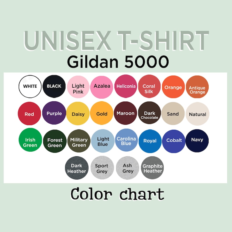K&ouml;nnte beinhalten: Eine Farbkarte f&uuml;r Gildan 5000 Unisex-T-Shirts. Die Karte zeigt eine Vielzahl von Farben, darunter Wei&szlig;, Schwarz, Rot, Lila und verschiedene Gr&uuml;nt&ouml;ne, Blau und Grau. Der Text "Color chart" steht unten.