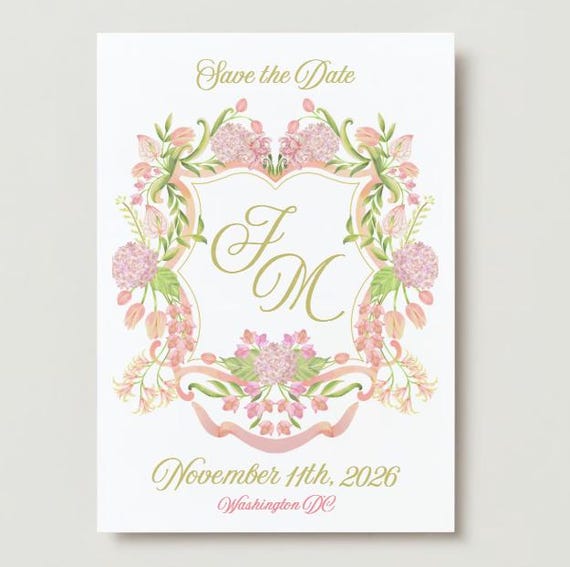 Elegant French-Inspired Custom Watercolor Save the Date Wedding invitation with Crest – Pink & Green Script Design – Double-Sided Invitation