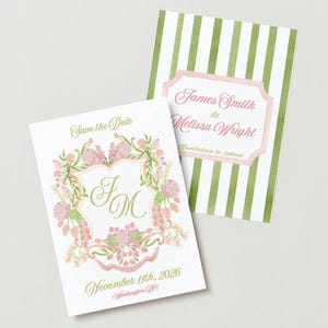May include: Save the date card with pink and green floral design. The card features the initials "FM" in gold script inside a shield. The text "Save the Date" is in gold script. The text "November 11th, 2026" and "Washington, DC" is in gold script. The card also includes a separate card with the text "James Smith & Melissa Wright" in pink script and "Invitation to follow" in black script.