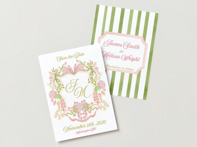 May include: Save the date card with pink and green floral design. The card features the initials "FM" in gold script inside a shield. The text "Save the Date" is in gold script. The text "November 11th, 2026" and "Washington, DC" is in gold script. The card also includes a separate card with the text "James Smith & Melissa Wright" in pink script and "Invitation to follow" in black script.