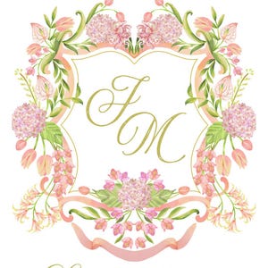 May include: Save the Date wedding invitation with a floral design. The invitation features a gold shield with the initials "F & M" and a pink ribbon. The date "November 11th, 2026" and the location "Washington DC" are printed below the shield.