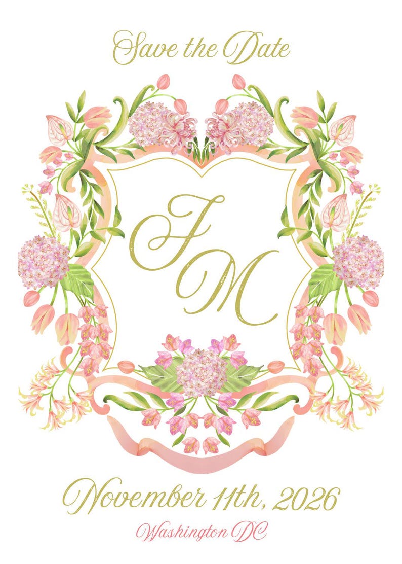 May include: Save the Date wedding invitation with a floral design. The invitation features a gold shield with the initials "F & M" and a pink ribbon. The date "November 11th, 2026" and the location "Washington DC" are printed below the shield.