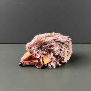 Könnte beinhalten: Ein Plüsch-Igel-Spielzeug mit braunem Fell und einem braunen Gesicht mit einer schwarzen Nase. Das Spielzeug hat ein kleines Etikett mit der Aufschrift "Jossy".
