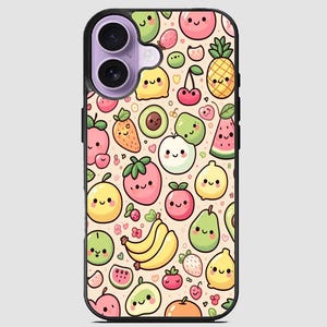 May include: A black phone case featuring a repeating pattern of smiling cartoon fruits, including strawberries, bananas, lemons, and watermelons, on a light beige background. The case has a black border and a camera cutout.
