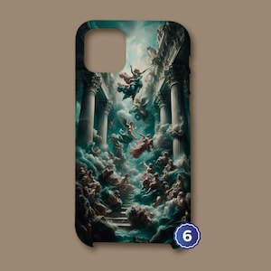 May include: A phone case featuring a classical painting of figures ascending through clouds towards a grand architectural structure. The artwork is rendered in shades of teal, white, and pink, with a number 6 in a blue circle at the bottom.