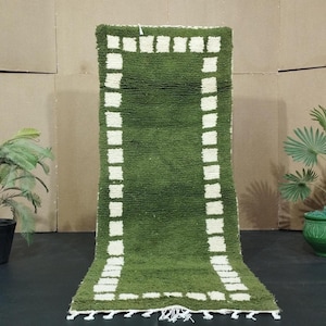 Moroccan Wool Rug - Beni Ourain Rug-ARTISTIC MOROCCAN RUG-Handmade Abstract Hallway Rug, Authentic Moroccan Wool Rug, Green & Yellow Runner