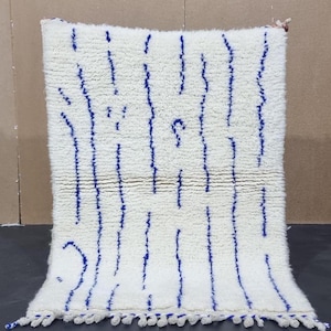 Handmade Wool Berber Rug: White & Blue Moroccan Azilal Runner
