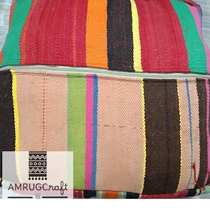 Vintage Moroccan Kilim Pouf: Handcrafted Wool Ottoman