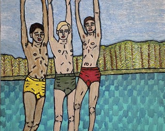 May include: An oil painting depicts three figures in swim trunks holding onto a red diving board. The figures are positioned above a turquoise pool, with a green and yellow landscape in the background. The artwork has a naive art style.