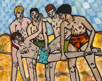 May include: An abstract painting depicts six shirtless figures in swim trunks, some supporting another figure. The background features a blue sky with white brushstrokes and a yellow and brown landscape.