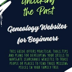 May include: A book cover with a dark blue background, featuring the text Research2Readers Unlocking the Past, Genealogy Websites for Beginners, and the author name Helen Cottee. It includes green and purple accents and white graphic elements.