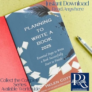 以下が含まれることがあります： 青い表紙と白い文字で書かれた「Planning to Write a Book 2025」というタイトルの本。 羽のイラストがあり、「Essential Steps to Write a Book Successfully Start to Finish!」というテキストも表示されています。 本は赤いページに開かれています。