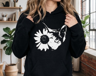 Cat Hoodie, Flower Eye Graphic Cat Pullover, Cute Cat Mom Sweatshirt, Aesthetic Cat Lover Gift, Funny Cat Hoodie