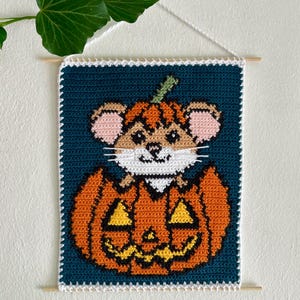 Könnte beinhalten: Gehäkeltes Wandbild mit einer Maus, die einen Kürbishut trägt und aus einem orangefarbenen Kürbis herauskommt. Der Hintergrund ist dunkelblaugrün, mit weißem Rand und Holzstäben zum Aufhängen. Eine festliche Halloween-Dekoration.