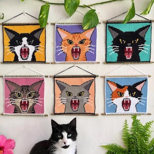 May include: A collection of seven crochet cat portraits with open mouths, each framed and hung on a wall. The cats feature various colors, including black, orange, gray, and calico, against colorful backgrounds. A live cat sits below.