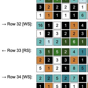 May include: A visual representation of a game board with numbers and arrows. The board is divided into rows and columns, with each cell containing a number. The arrows indicate the direction of movement. The text "Row 31 [RS]:", "Row 32 [WS]:", "Row 33 [RS]:", and "Row 34 [WS]:" is displayed on the board.