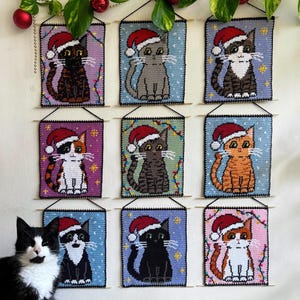 May include: Nine handmade cat portraits wearing Santa hats, each on a small rectangular canvas. The cats are various colors, including black, gray, and orange, with festive backgrounds. A real cat sits in front of the portraits.