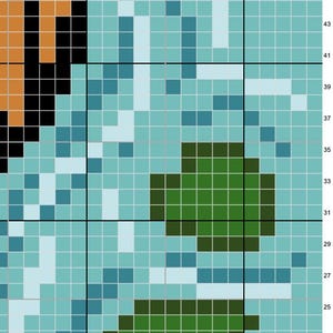 May include: A pixel art design featuring a green and blue landscape with a light blue sky. The design is made up of small squares in various shades of green, blue, and white.