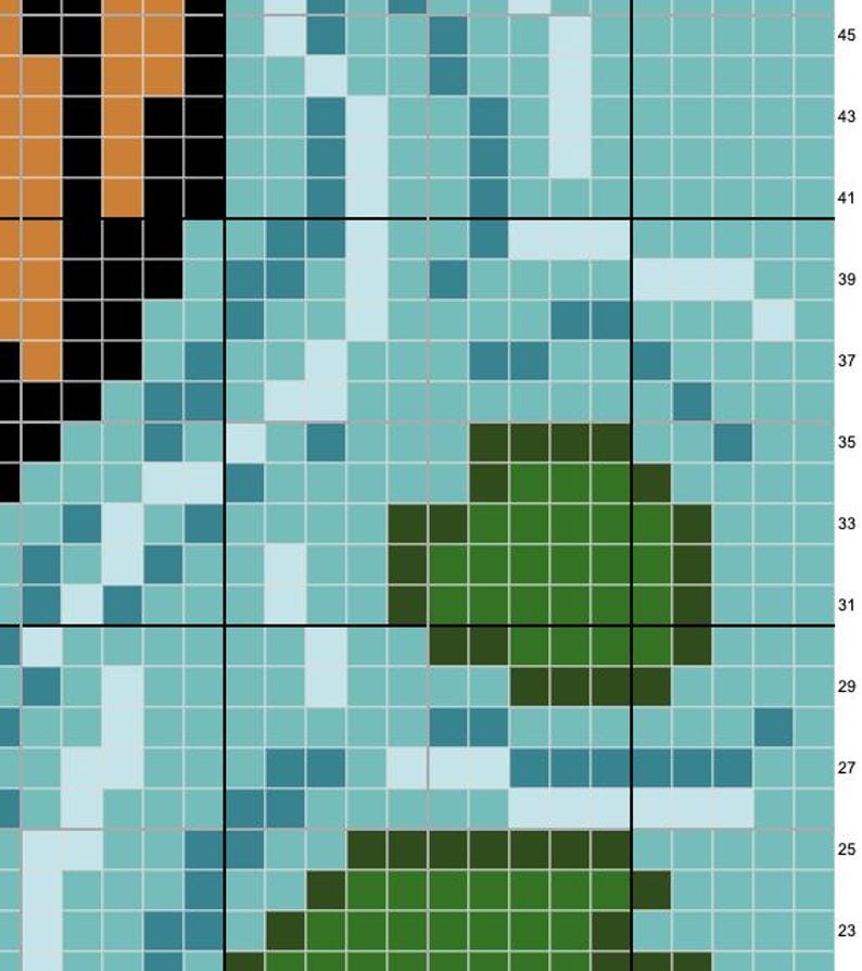May include: A pixel art design featuring a green and blue landscape with a light blue sky. The design is made up of small squares in various shades of green, blue, and white.