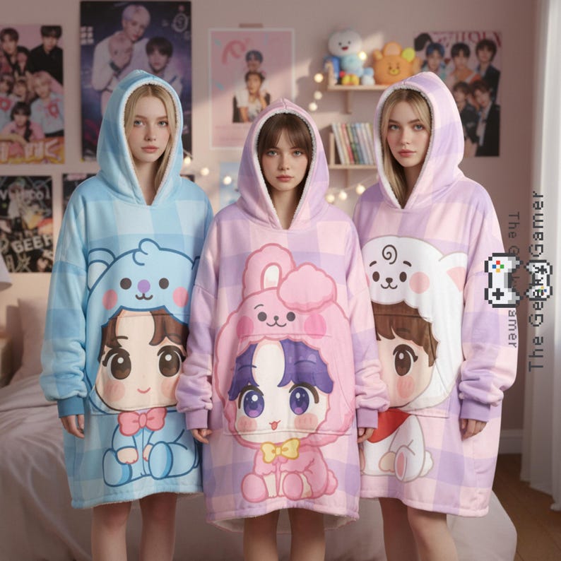 May include: Three hooded blanket sweatshirts in blue, pink, and lavender. Each features a cartoon character design on the front. The sweatshirts have a plaid pattern and are worn by three people.