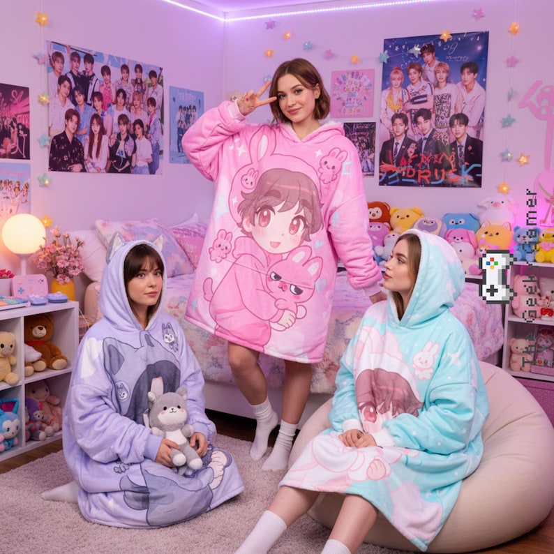 May include: Three people wearing oversized hooded blankets with anime-style character designs. The blankets are pink, blue, and lavender, featuring cartoon figures and bunny motifs. The room is decorated with posters and plush toys, creating a cozy, themed atmosphere.