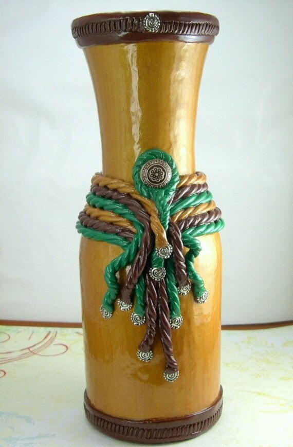 Items similar to Polymer Clay Vase, Gold Rope Wrapped Vase, Brown