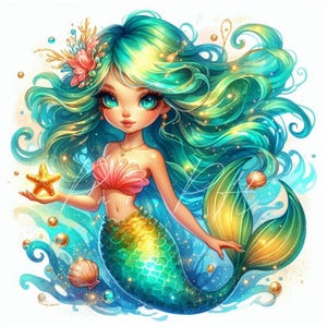 15 Sonnenküsste Sirene | Hohe Qualität 300 DPI JPGs | Aquarell wunderliche Mädchen Clipart Junk Journals Scrapbook digitale Aufkleber Sofort-Download