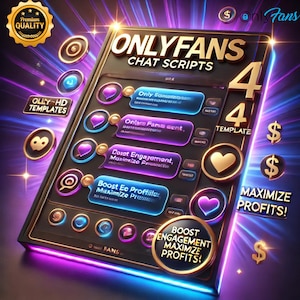 May include: A digital graphic with the text "ONLYFANS CHAT SCRIPTS" and "4 TEMPLATE". The image features a phone-like interface with various icons and text bubbles. The color scheme includes gold, black, purple, and blue.