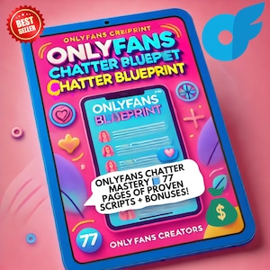 Op de afbeelding: Een blauwe en roze digitale tablet met de tekst "ONLYFANS CREIPRINT ONLYFANS CHATTER BLUEPET CHATTER BLUEPRINT" en "ONLYFANS BLUEPRINT" op het scherm. De tablet heeft ook een groen geldzakpictogram en de tekst "ONLYFANS CHATTER MASTERY 77 PAGES OF PROVEN SCRIPTS + BONUSES!" in een spraakballon. De tablet is omringd door roze en blauwe harten en een blauw en wit "OF"-logo.