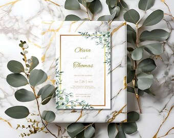 Wedding invitation | Gold | Eucalyptus | Elegant | Adjustable template