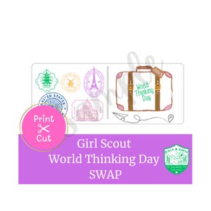 World Thinking Day SWAP für Pfadfinderinnen - druckbare Koffer Karten mit bunten Country Briefmarken, 10 pro Bogen, DIY Troop Craft Download