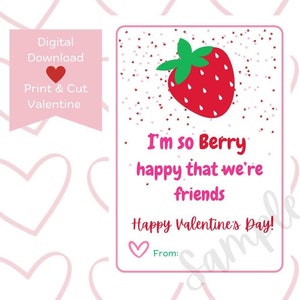 Collations aux fruits pour la Saint-Valentin numérique/imprimable - « Je suis tellement BERRY heureux que nous soyons amis » - Carte de visite pour l'école, la salle de classe, fraise, à télécharger