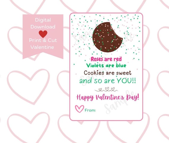 Cookie Valentine Printable - “Roses are Red, Cookies are Sweet” - Vday Card for Girl Scout Booths, Thin Mints, Treat Tags