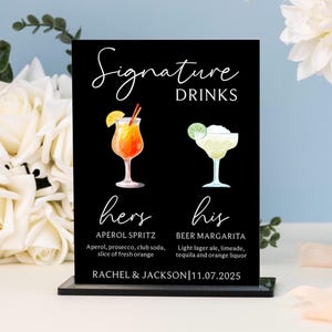 Znak drinka z podpisem, Znak koktajlowy z podpisem, Znak drinka z koktajlem dla niej i dla niego, Nowoczesne menu drinków, Menu baru weselnego, Drink dla panny młodej i pana młodego