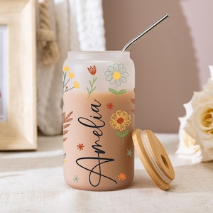 Personalized Wildflower Floral Tumbler,Custom Glass Coffee Cup,Bridesmaid Proposal Gift,Gifts for Her,Custom Can Glass with Lid and Straw