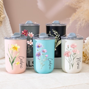 Personalized Birth Flower Stainless Tumbler Cup,Bridesmaid Proposal Gift,Wine Tumbler with Lid,Coffee Cup,Travel Mugs,Bridesmaid Gifts