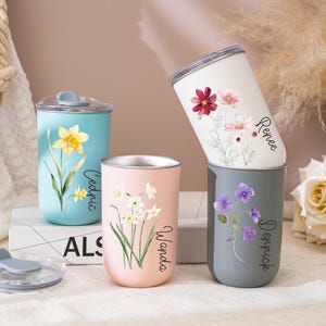 Personalized Stainless Coffee Cup,Birth Flower Tumbler,Bridesmaid Proposal Gift,Wine Tumbler with Lid,Custom Insulated Travel Mugs