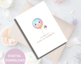 Cute Minimalist Birthday Card | Greeting Card for Any Occasion | Simple Birthday Card | Printable | Float & Celebrate | Balloon | Cupcake