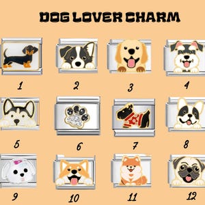 May include: A collection of dog-themed charms with various breeds, including a dachshund, husky, golden retriever, and pug. Each charm is a silver-toned rectangle with a colorful enamel dog design. The text "DOG LOVER CHARM" is at the top.
