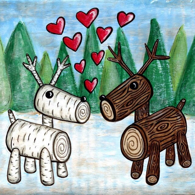 Winter Log Reindeer Deer 8x8 Wall Art Print Loggy Love Etsy
