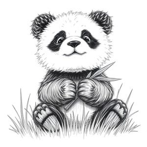 Könnte beinhalten: Ein schwarz-weißes Pandabärenjunges sitzt in einem Grasbüschel und hält einen Bambusstock in seinen Pfoten. Der Panda hat einen süßen, unschuldigen Gesichtsausdruck.