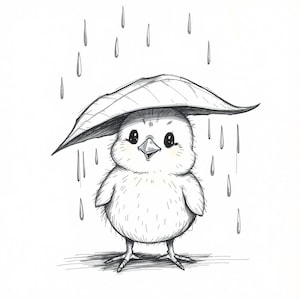 Könnte beinhalten: Schwarz-Weiß-Illustration eines flauschigen Küken, das sich unter einem großen Blatt vor dem Regen schützt. Das Küken hat einen süßen Gesichtsausdruck und steht mit seinen Füßen fest auf dem Boden. Regentropfen fallen um das Küken herum.