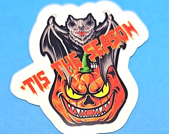 Tis The Season Halloween Vinyl Sticker or Magnet with Bat and Pumpkin                          SM-1117