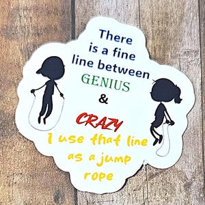 There Is A Fine Line Between Genius And Crazy, I Use That Line To Jump Rope Vinyl Sticker Decal or Magnet                            SM-1067